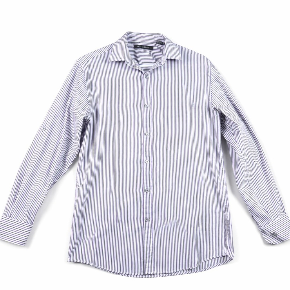 Axist Men's Small Button Down Dress Shirt Striped Purple White Cotton Blend